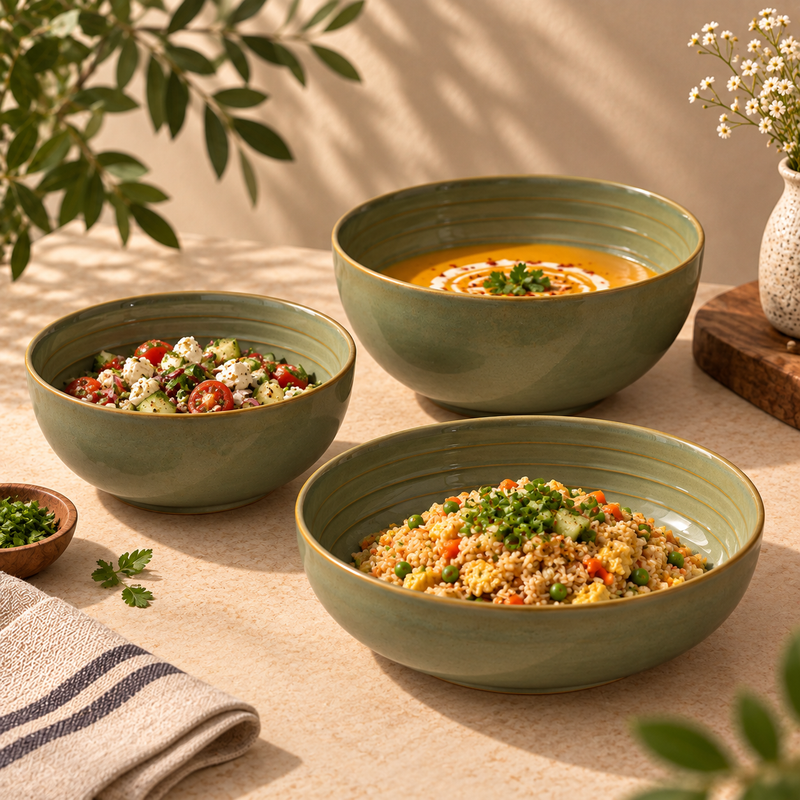 A person holds a light olive green ceramic Grove Serving Bowl filled with a colorful quinoa salad containing cucumber, tomatoes, beans, and feta cheese, set against a warm beige background.