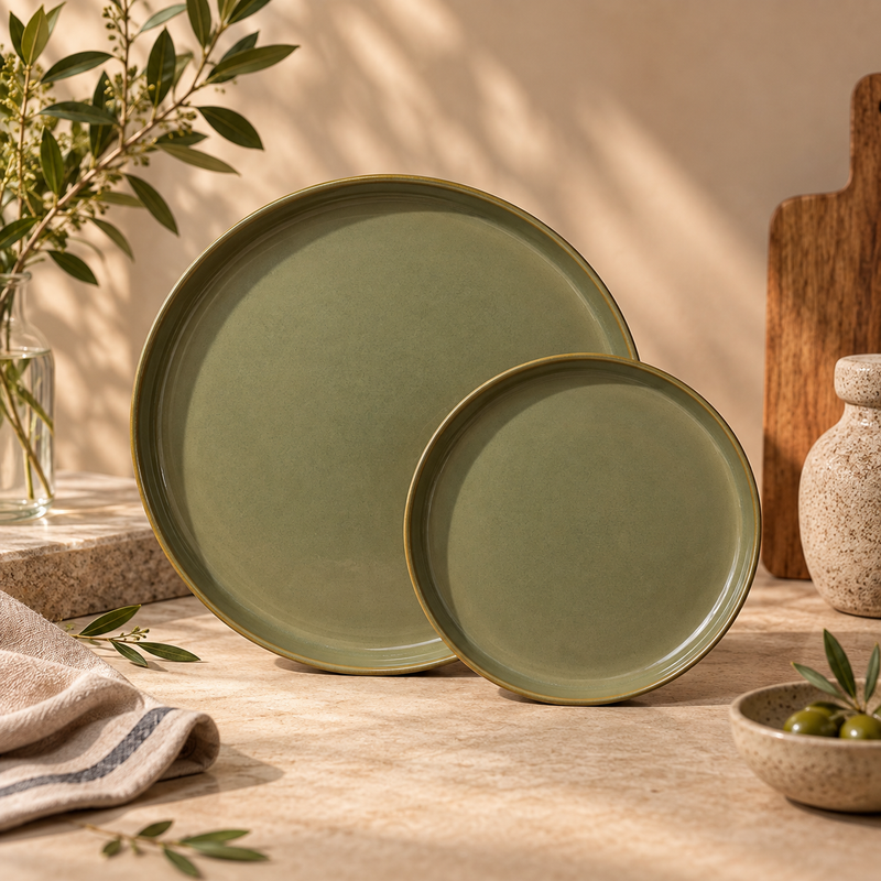  Porcelain Groove Plate  with a soft sage green glaze for snacks, desserts and everyday dining.