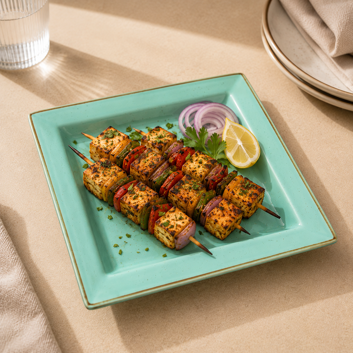 Azula mint green square serving platter styled with grilled kebabs by Ozay Living