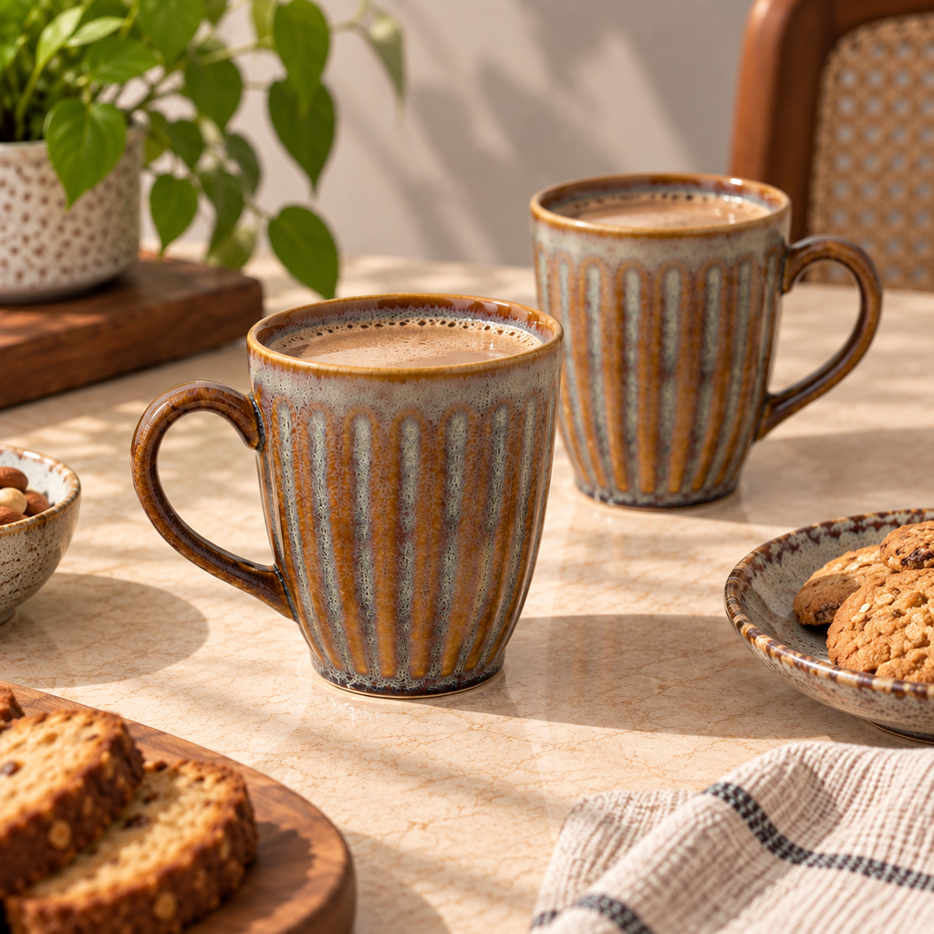 Caramel Ridge porcelain mug set of 2 with textured finish by Ozay Living