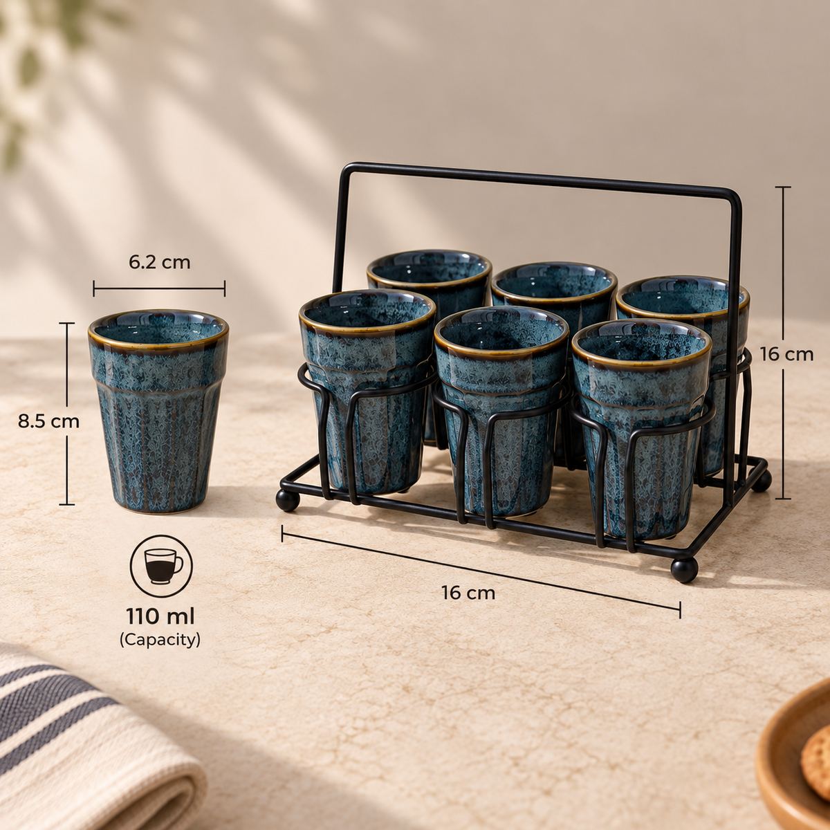 Cutting Chai Serving Set with six ceramic chai glasses and metal stand by Ozay Living