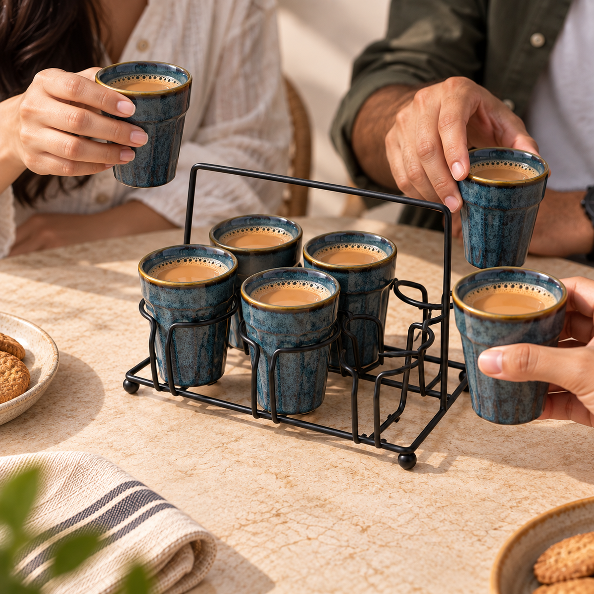 Cutting Chai Serving Set with six ceramic chai glasses and metal stand by Ozay Living