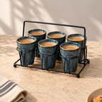 Cutting Chai Serving Set with six ceramic chai glasses and metal stand by Ozay Living
