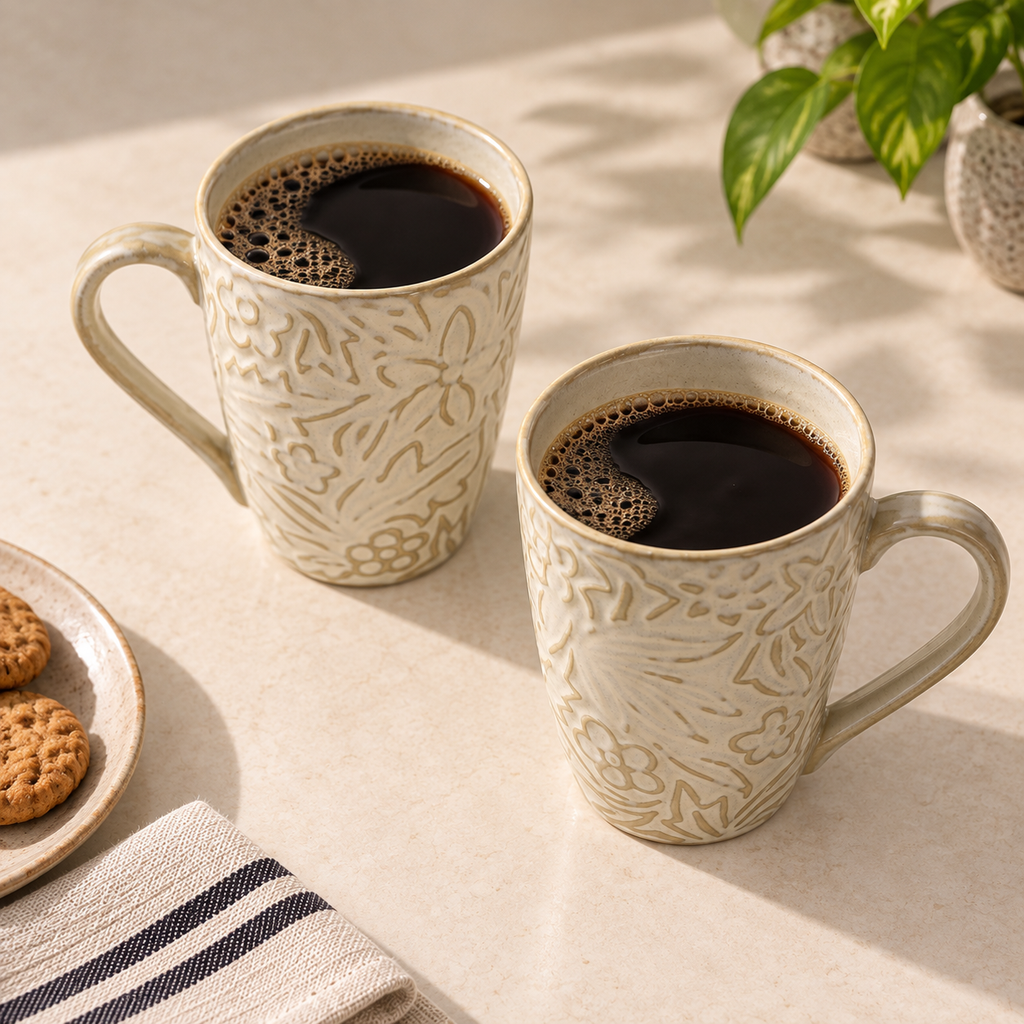 Flora Sketch porcelain mug set of 2 with handcrafted floral pattern by Ozay Living