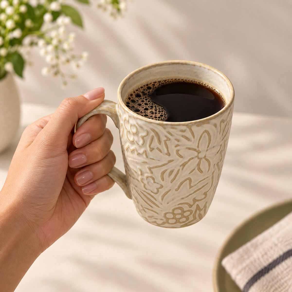 Flora Sketch porcelain mug set of 2 with handcrafted floral pattern by Ozay Living