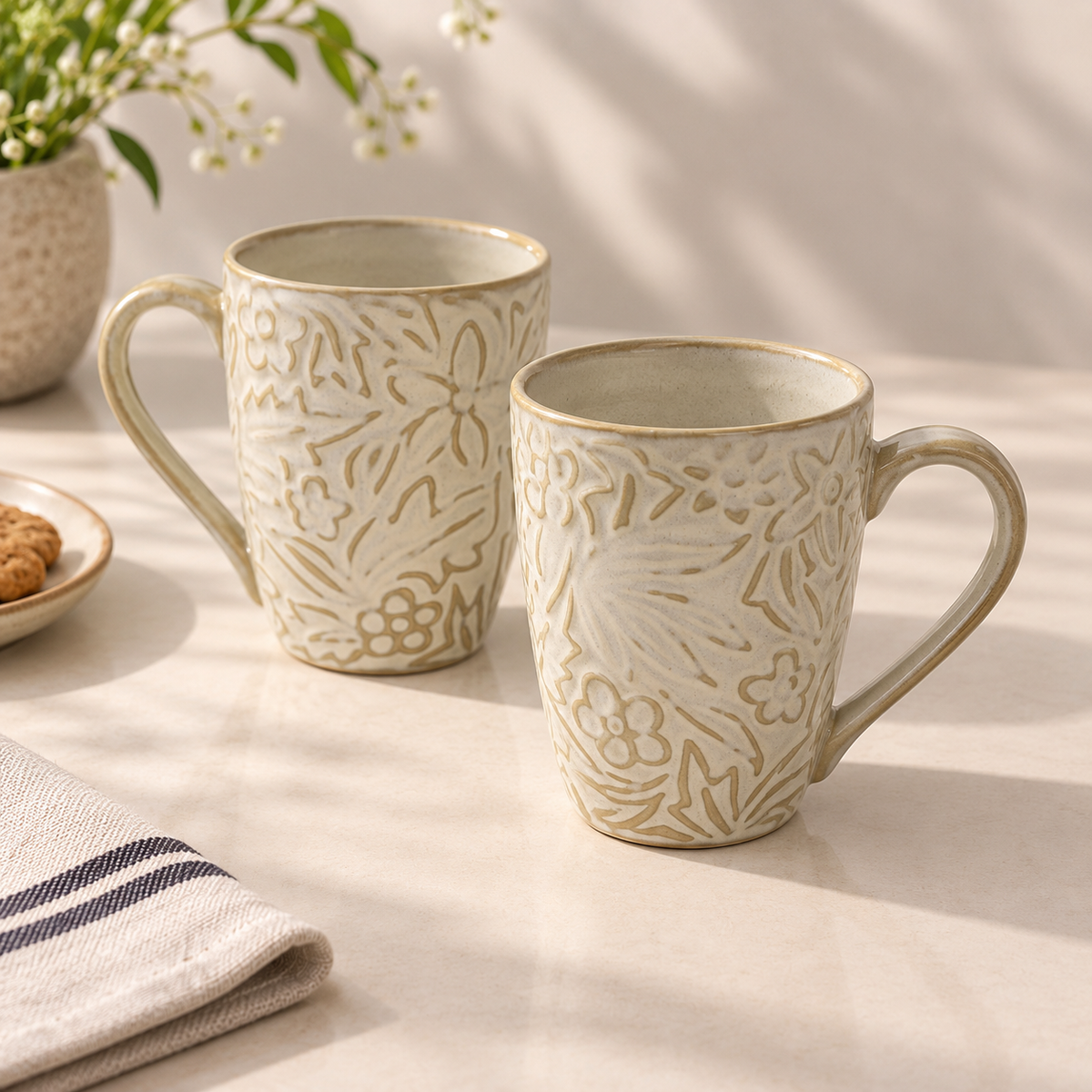 Flora Sketch porcelain mug set of 2 with handcrafted floral pattern by Ozay Living