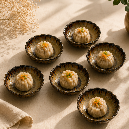 Six Floret petite ceramic servers styled with steamed dim sum for individual serving by OZAY Living