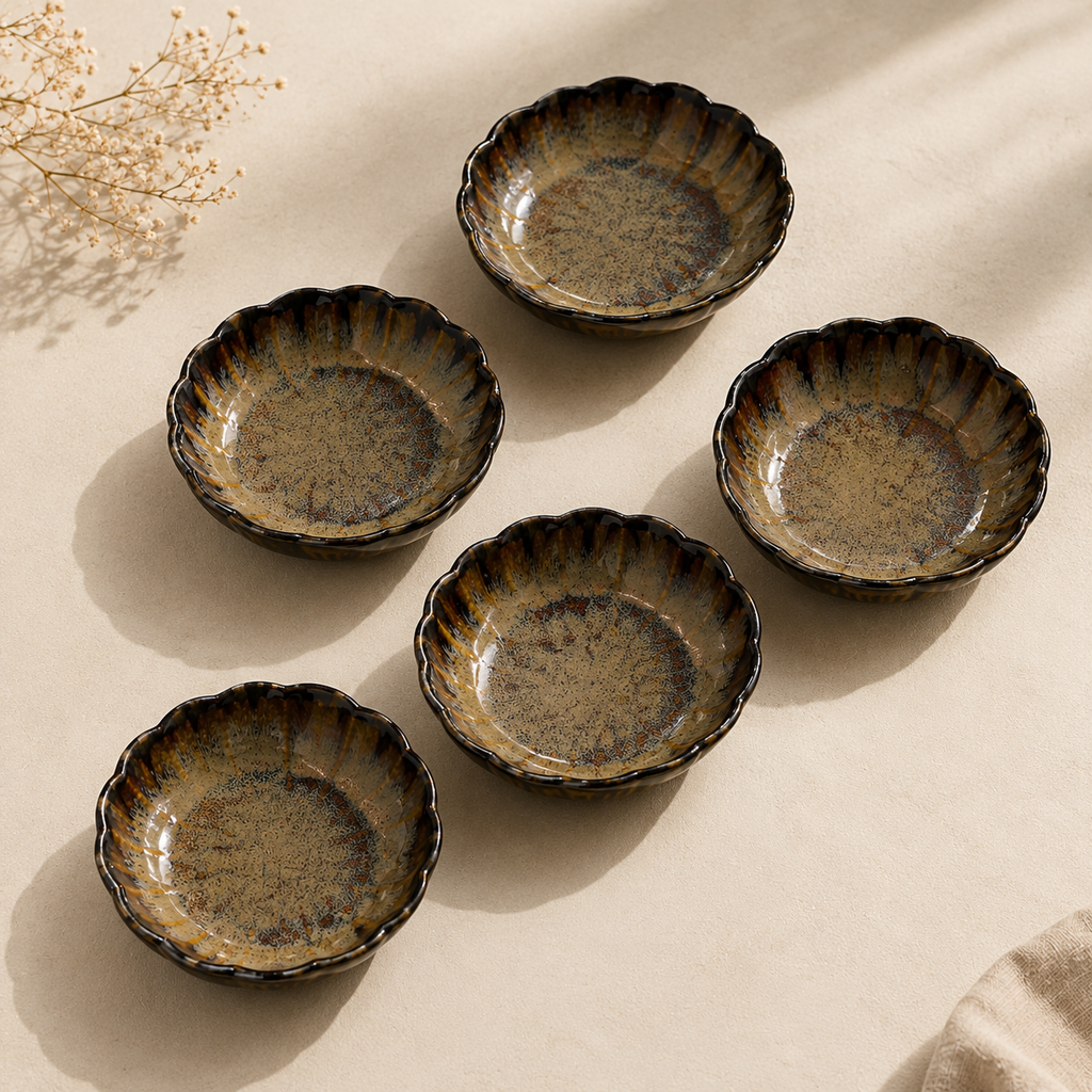 Five Floret petite ceramic servers arranged for individual serving by OZAY Living