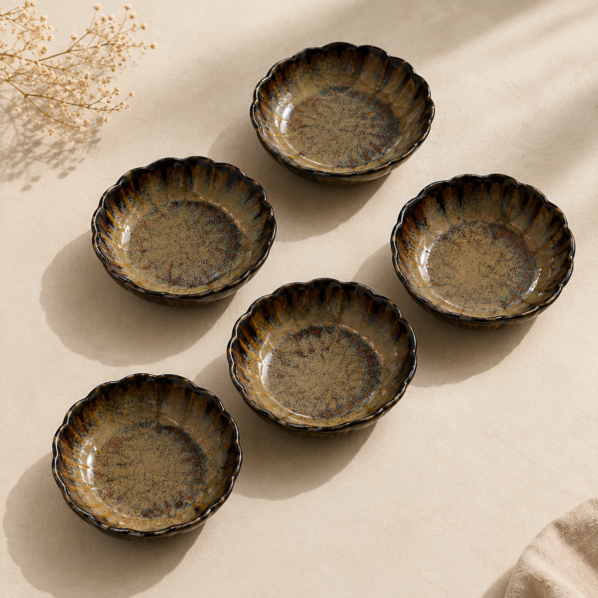 Five Floret petite ceramic servers arranged for individual serving by OZAY Living