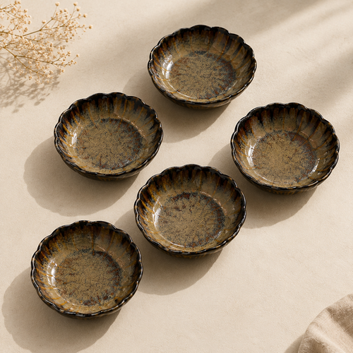 Five Floret petite ceramic servers arranged for individual serving by OZAY Living