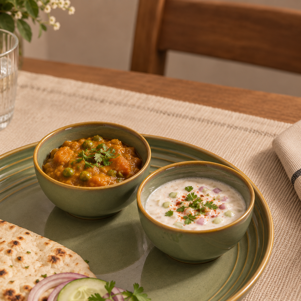 Two green ceramic bowls with gold trim filled with food on a matching plate: an orange-yellow curry with peas and a white raita sauce garnished with onion, cilantro, and red pepper flakes, served with flatbread on a woven beige placemat at a wooden table.