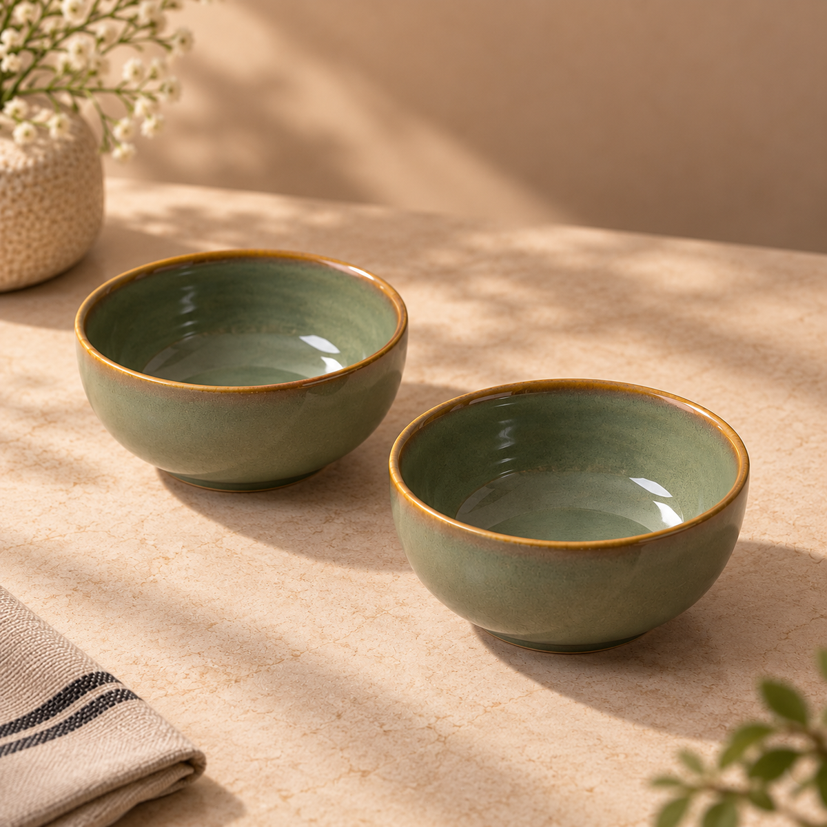 Two small glazed ceramic bowls in a muted sage green color with a rustic gold-brown rim, displayed on a beige textured tablecloth with soft natural shadows.