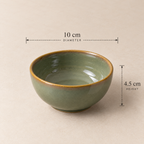 A ceramic bowl with a muted green glaze and a contrasting brown rim, shown on a beige background with dimension lines indicating a diameter of 10 cm and a height of 4.5 cm.