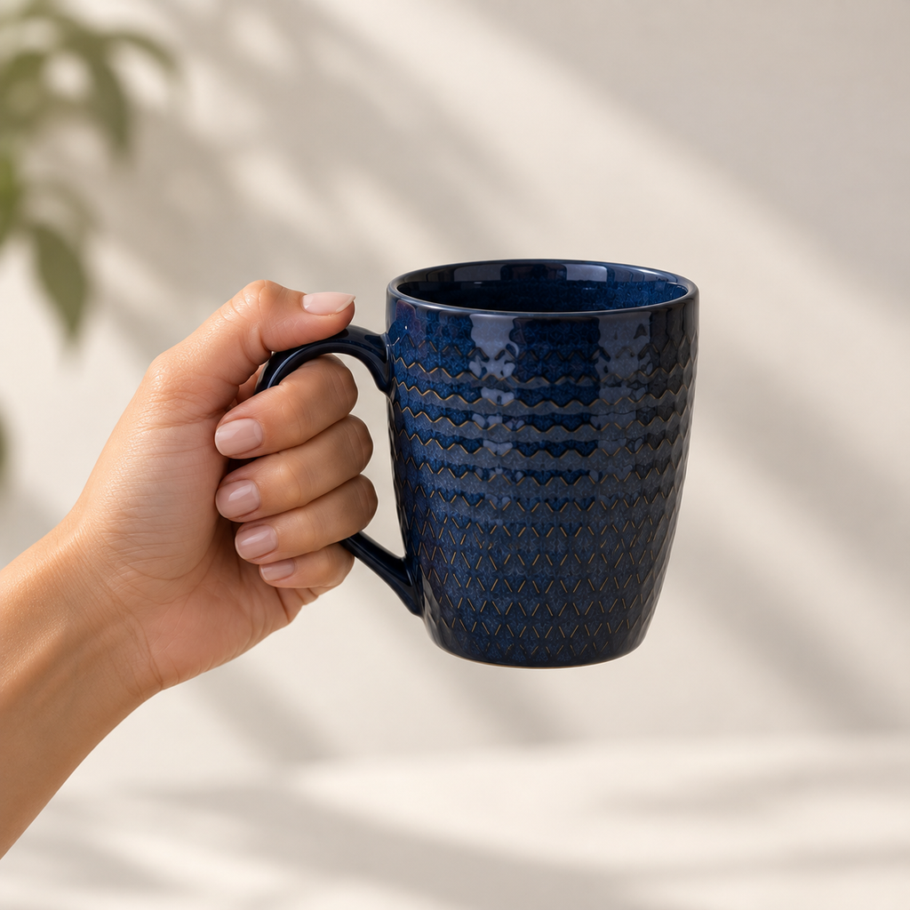 Indigo Mosaic porcelain mug set of 2 with textured finish by Ozay Living
