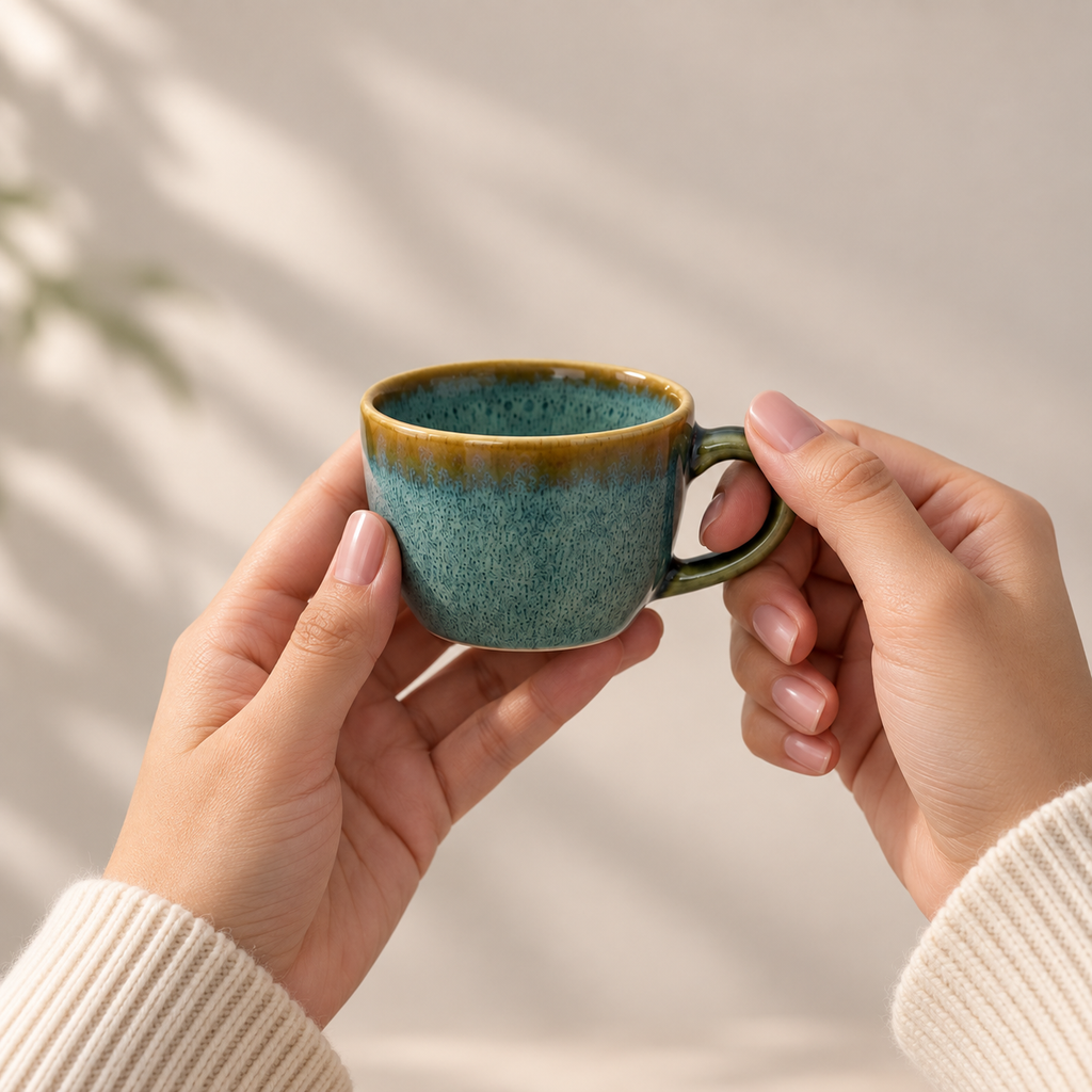Lagoon Espresso Cup Set of 2 in premium porcelain with artisan-inspired blue glaze by Ozay Living