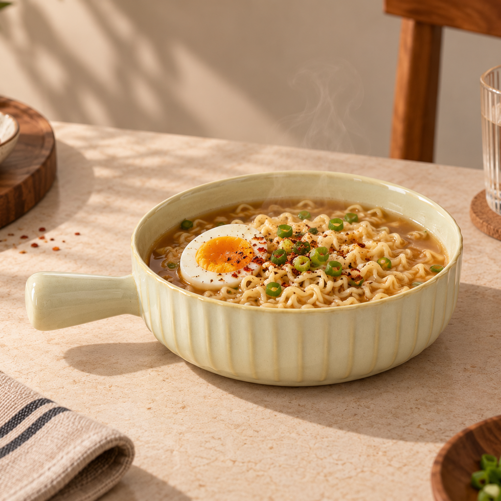 Round ceramic Luna Gloss Serving Bowl with a glossy finish and integrated handle.