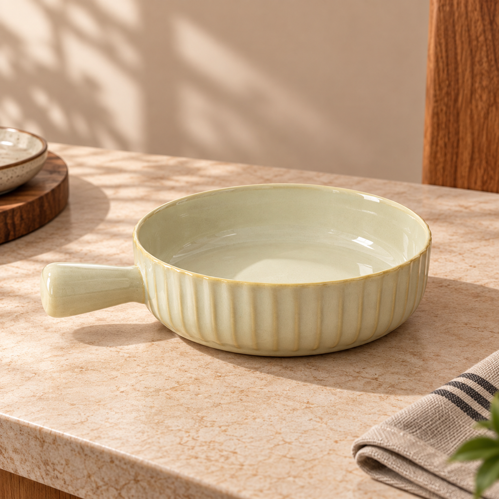 Round ceramic Luna Gloss Serving Bowl with a glossy finish and integrated handle.