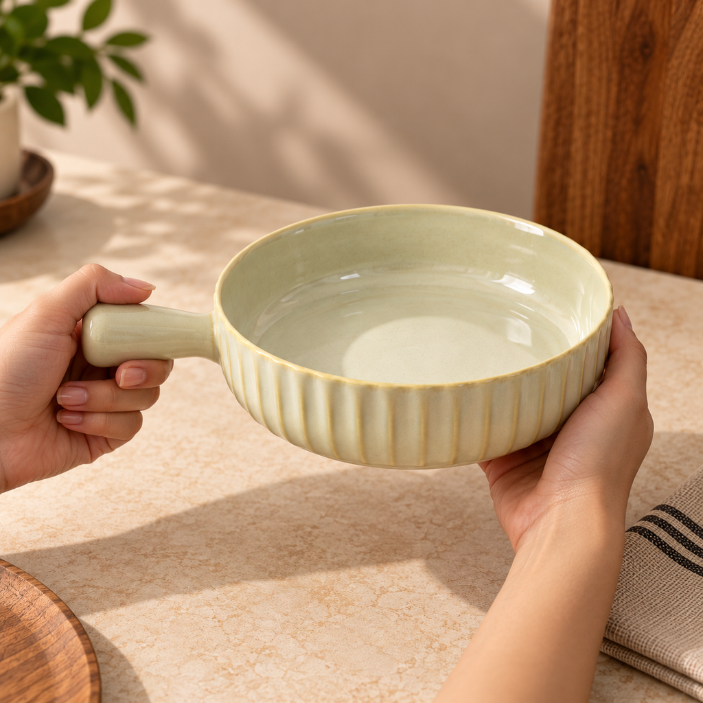 Round ceramic Luna Gloss Serving Bowl with a glossy finish and integrated handle.