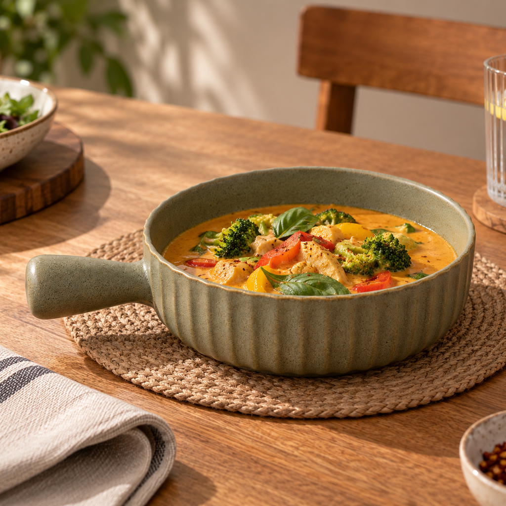 A ribbed ceramic bowl with a handle, filled with a colorful vegetable and chicken curry, set on a woven placemat on a wooden dining table.