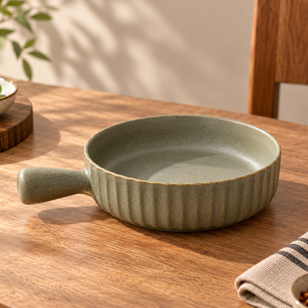 A small round ceramic pan with a handle, featuring a textured fluted exterior and a smooth matte interior, in a muted sage green color, set on a wooden table.