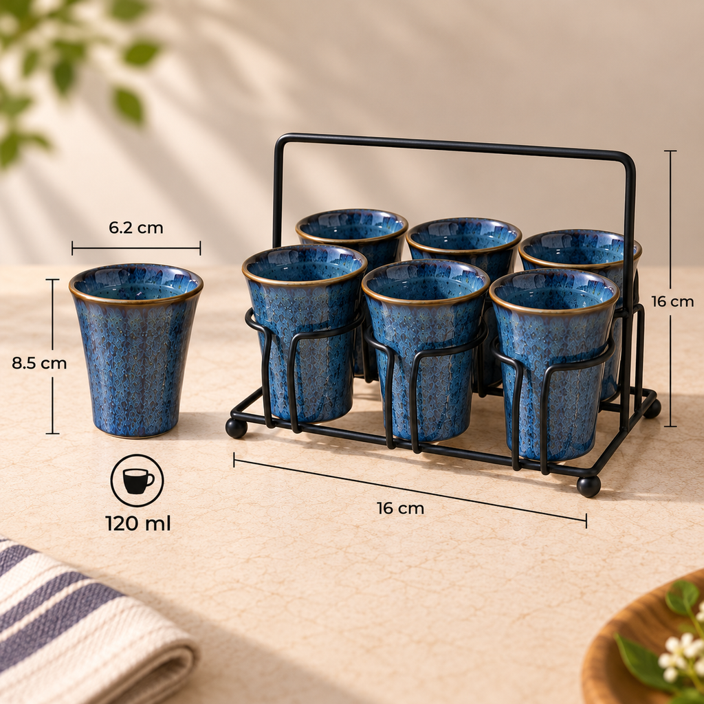 Monk Tea Serving Set with six porcelain tea glasses and metal stand by Ozay Living
