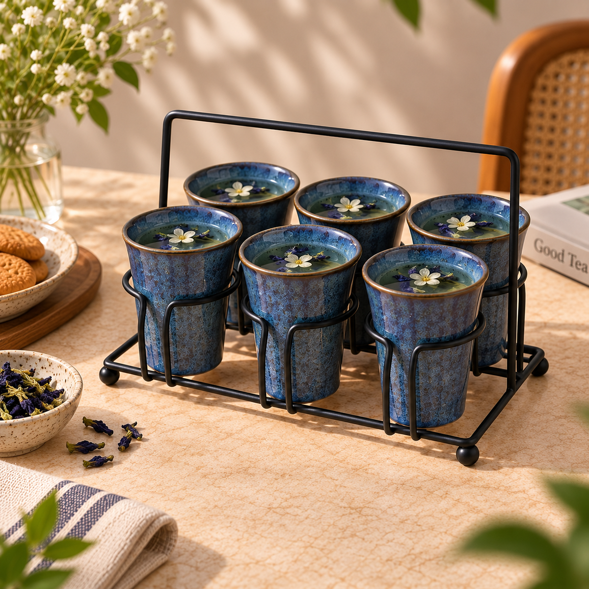 Monk Tea Serving Set with six porcelain tea glasses and metal stand by Ozay Living