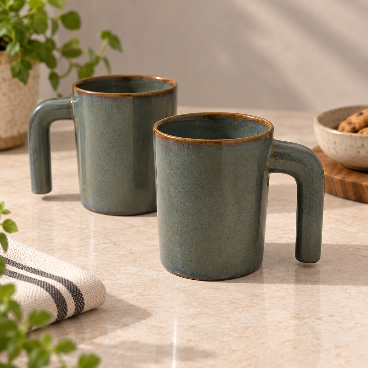 Moss Arc Mug Set of 2 with unique geometric handle by Ozay Living