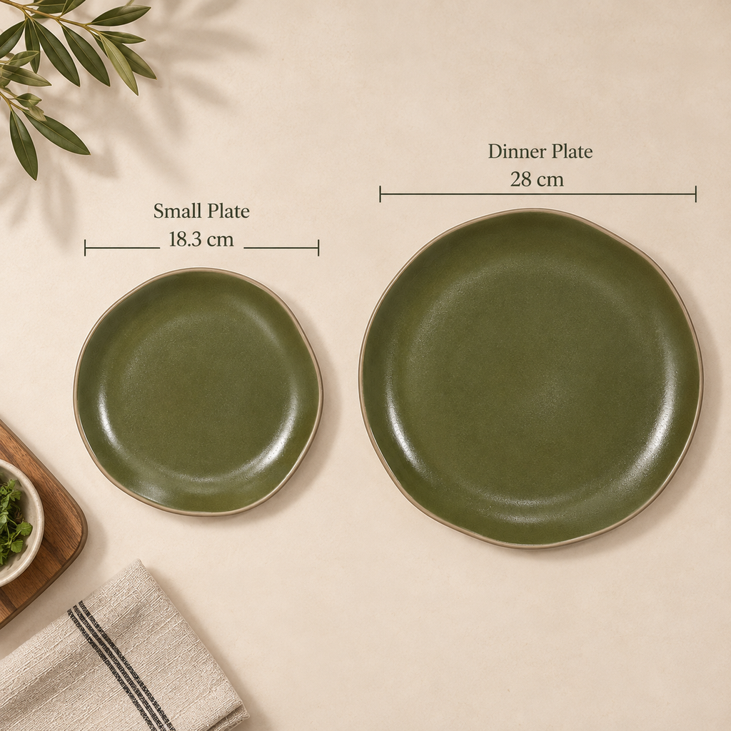 Moss green ceramic plates showing 18.3 cm and 28 cm diameter measurements by OZAY Living
