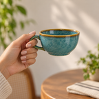 Ocean Orbit ceramic cup and saucer with handcrafted blue glaze for tea and coffee