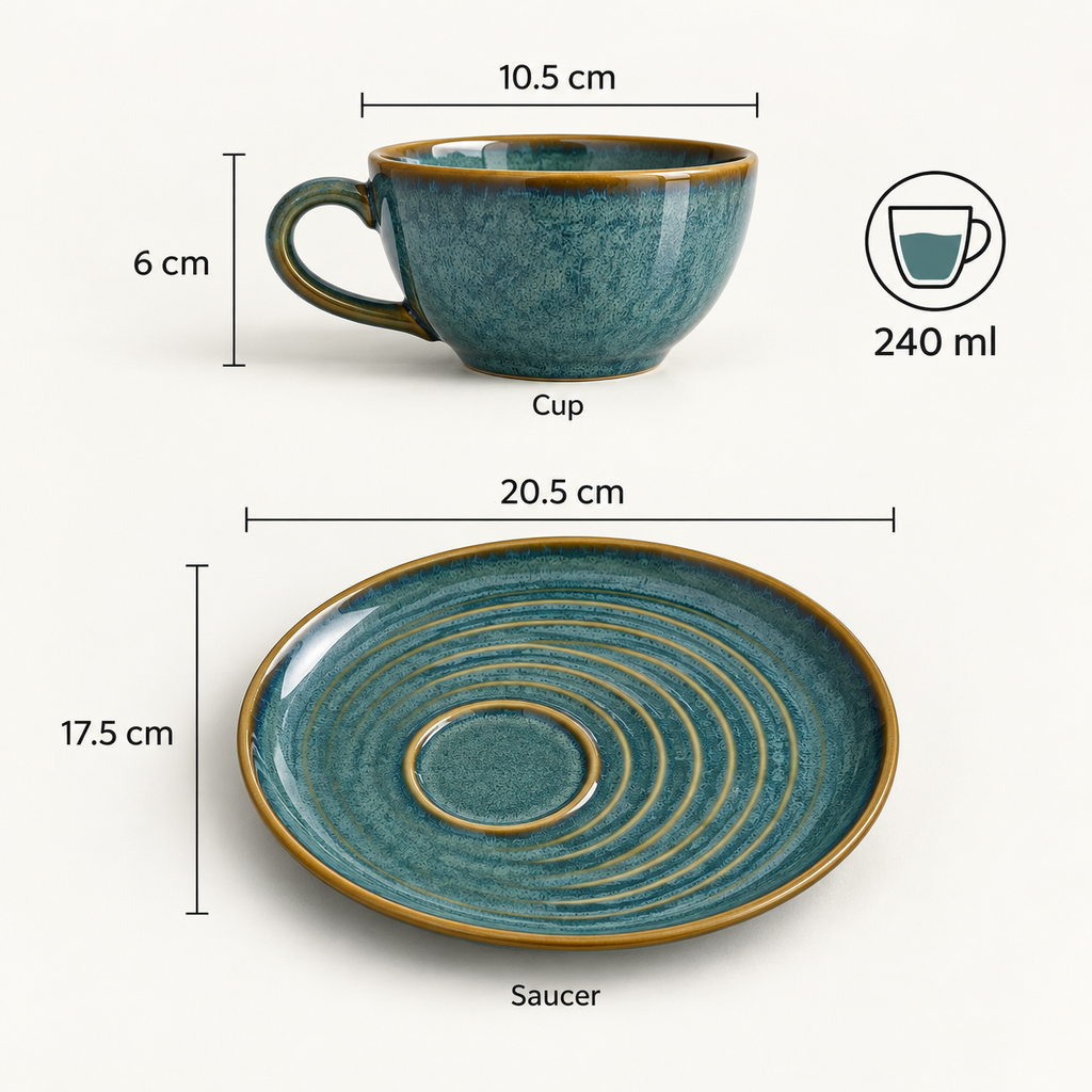 Ocean Orbit ceramic cup and saucer with handcrafted blue glaze for tea and coffee