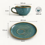 Ocean Orbit ceramic cup and saucer with handcrafted blue glaze for tea and coffee
