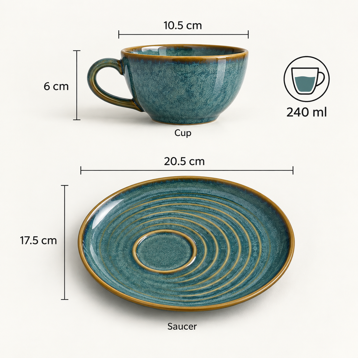 Ocean Orbit ceramic cup and saucer with handcrafted blue glaze for tea and coffee