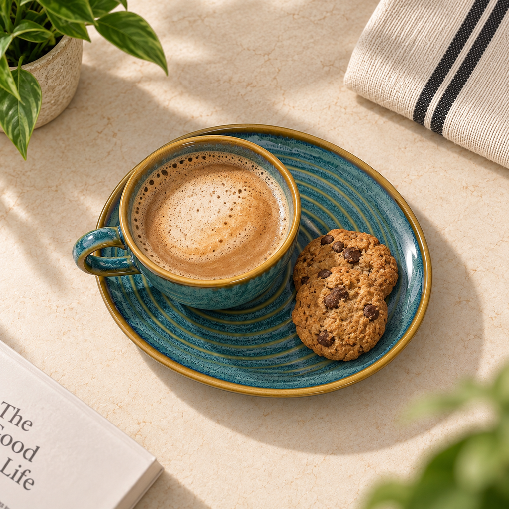 Ocean Orbit ceramic cup and saucer with handcrafted blue glaze for tea and coffee