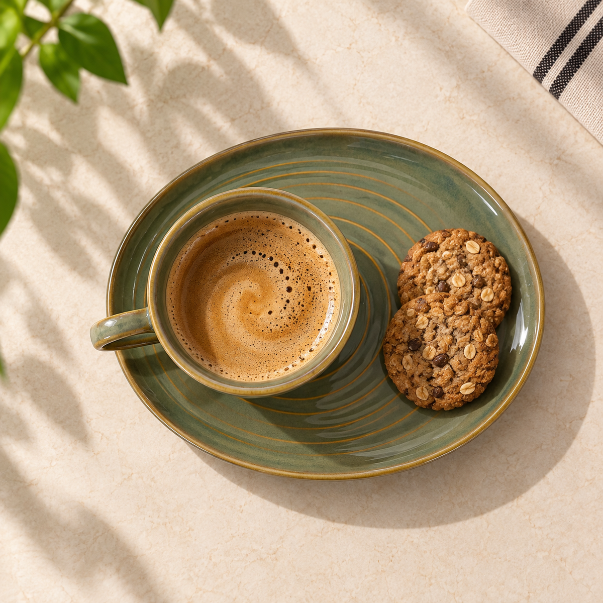 Olive Orbit Cup & Saucer Set in ceramic with earthy olive glaze by Ozay Living