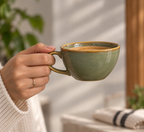 Olive Orbit Cup & Saucer Set in ceramic with earthy olive glaze by Ozay Living