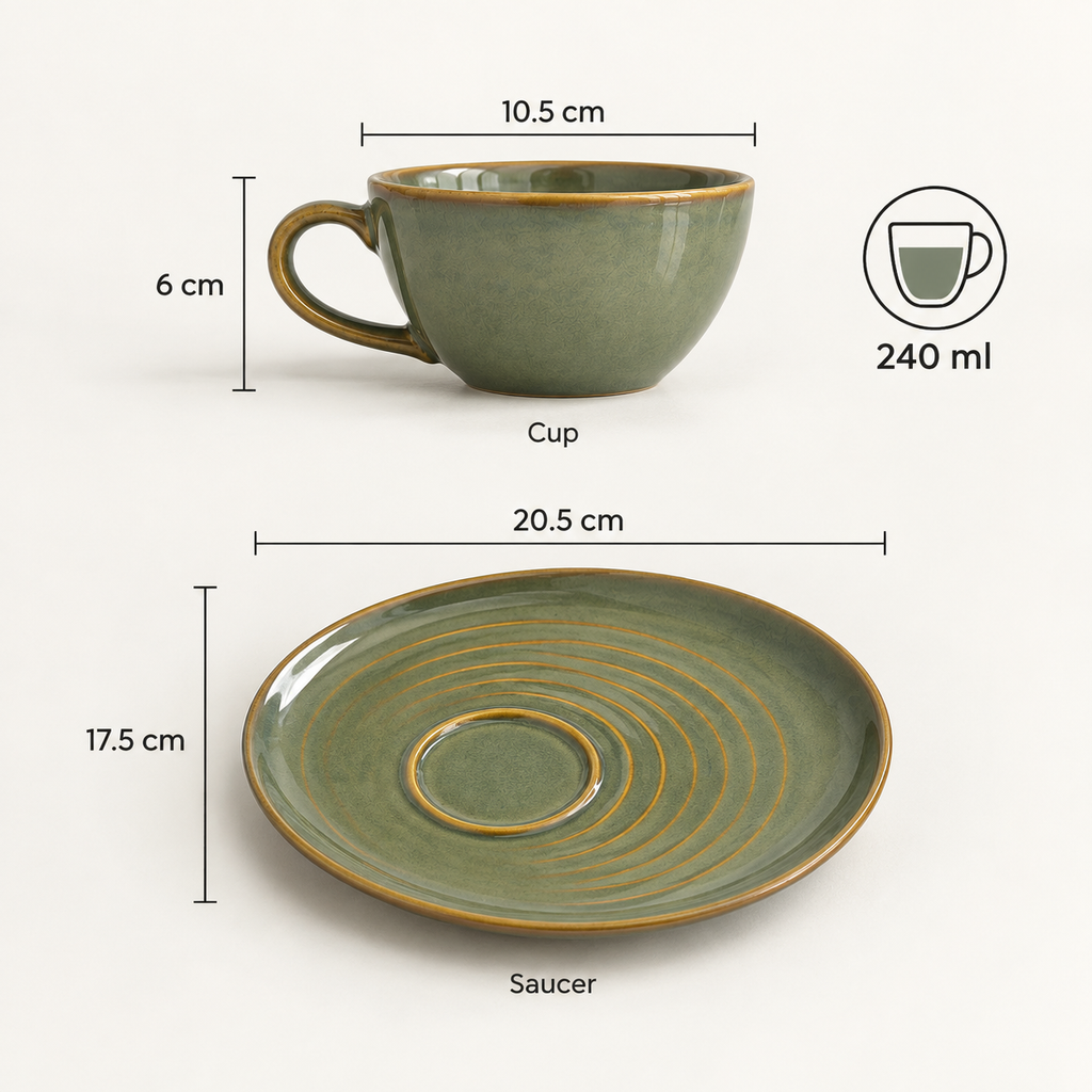 Olive Orbit Cup & Saucer Set in ceramic with earthy olive glaze by Ozay Living
