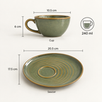 Olive Orbit Cup & Saucer Set in ceramic with earthy olive glaze by Ozay Living