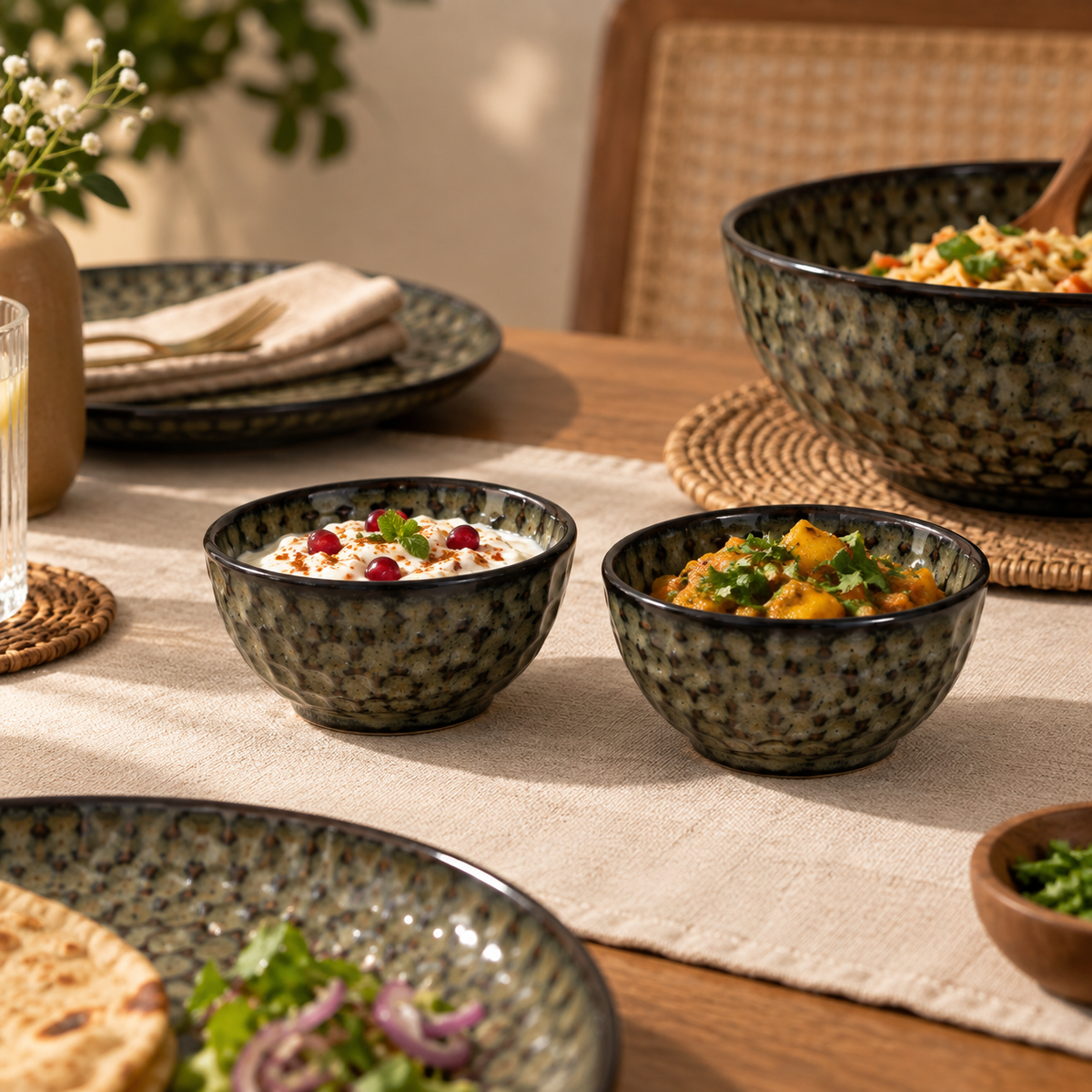 A set of speckled dark ceramic bowls and plates styled on a wooden dining table with woven placemats, woven chair back, and food dishes.