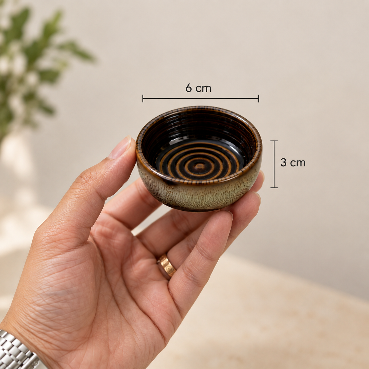 Ozay Living Ripple Dip Cup ceramic dip bowl held in hand showing 6 cm diameter and 3 cm height