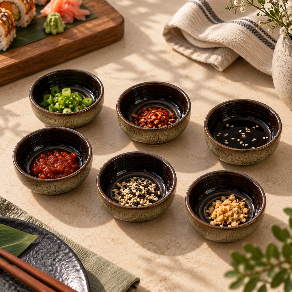 Ozay Living Ripple Dip Cup set of six ceramic dip cups shown in a serving setting