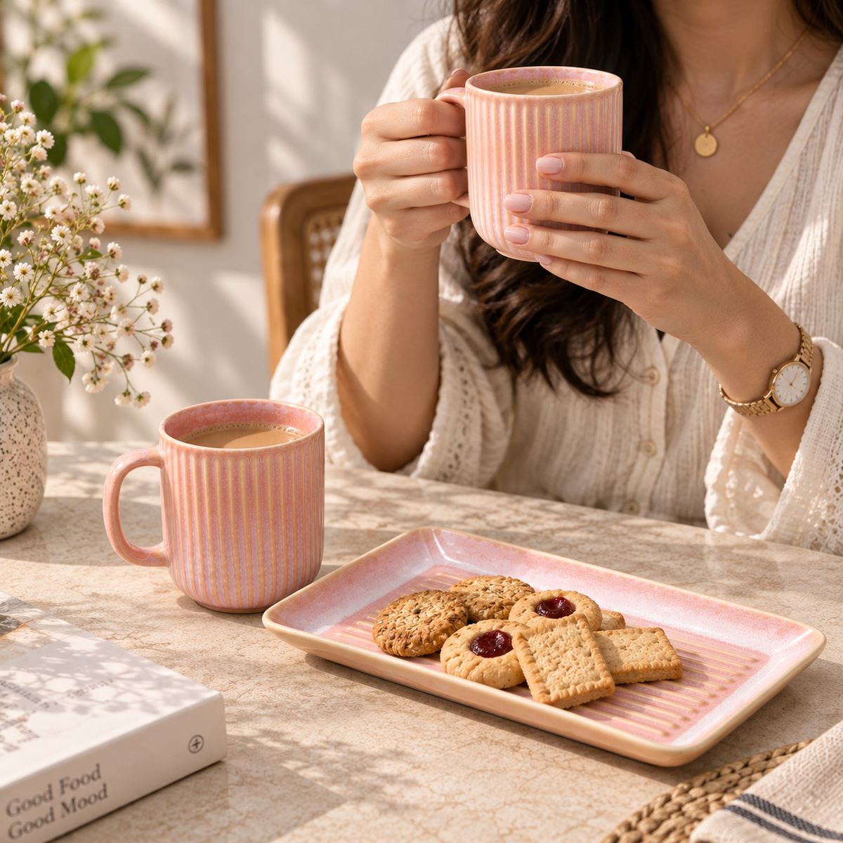 Ritual ceramic cup set with two cups and serving platter by Ozay Living