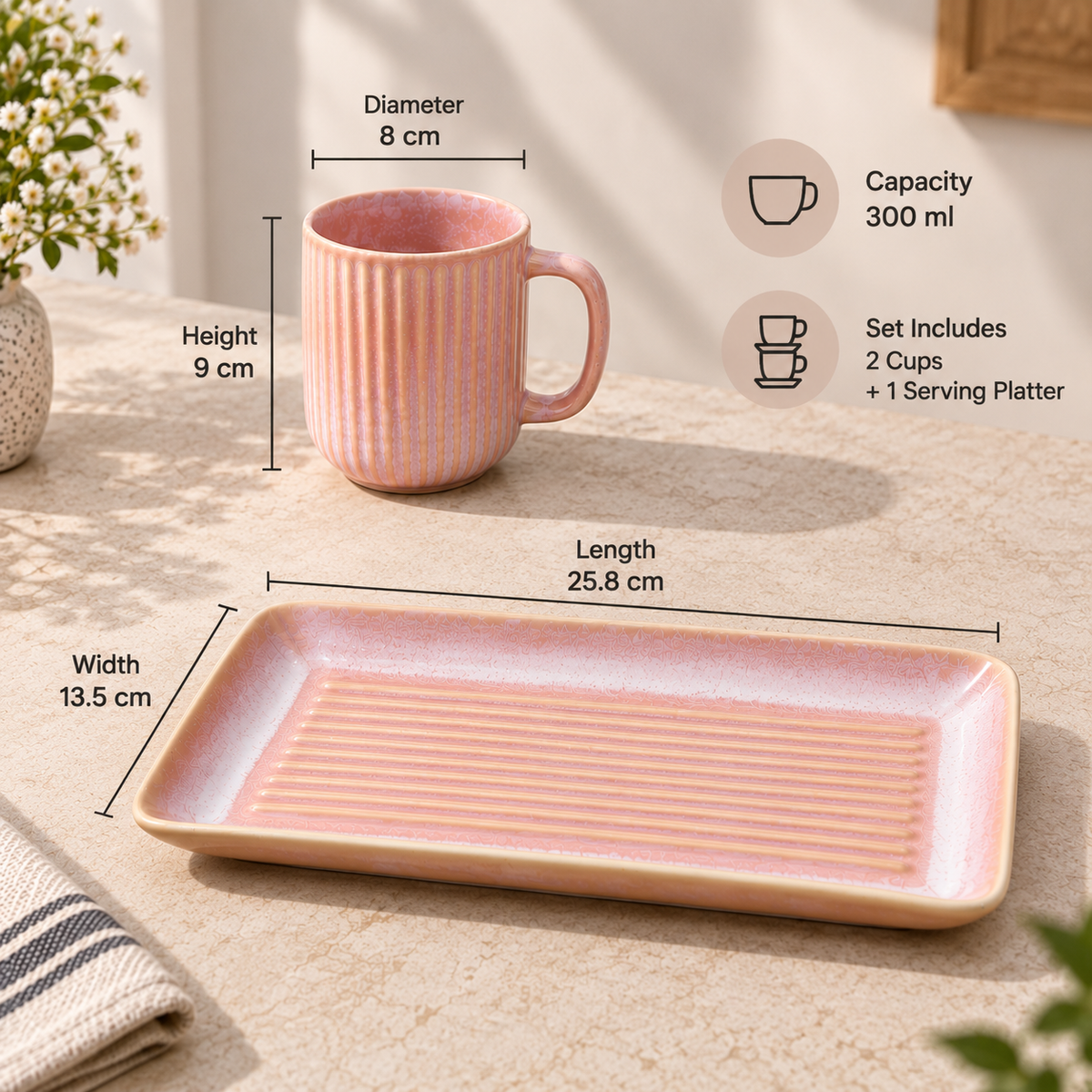 Ritual ceramic cup set with two cups and serving platter by Ozay Living