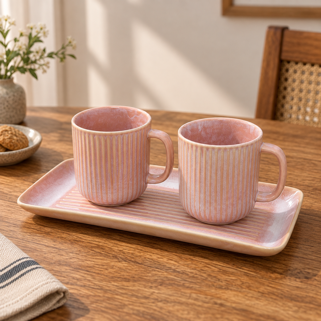 Ritual ceramic cup set with two cups and serving platter by Ozay Living