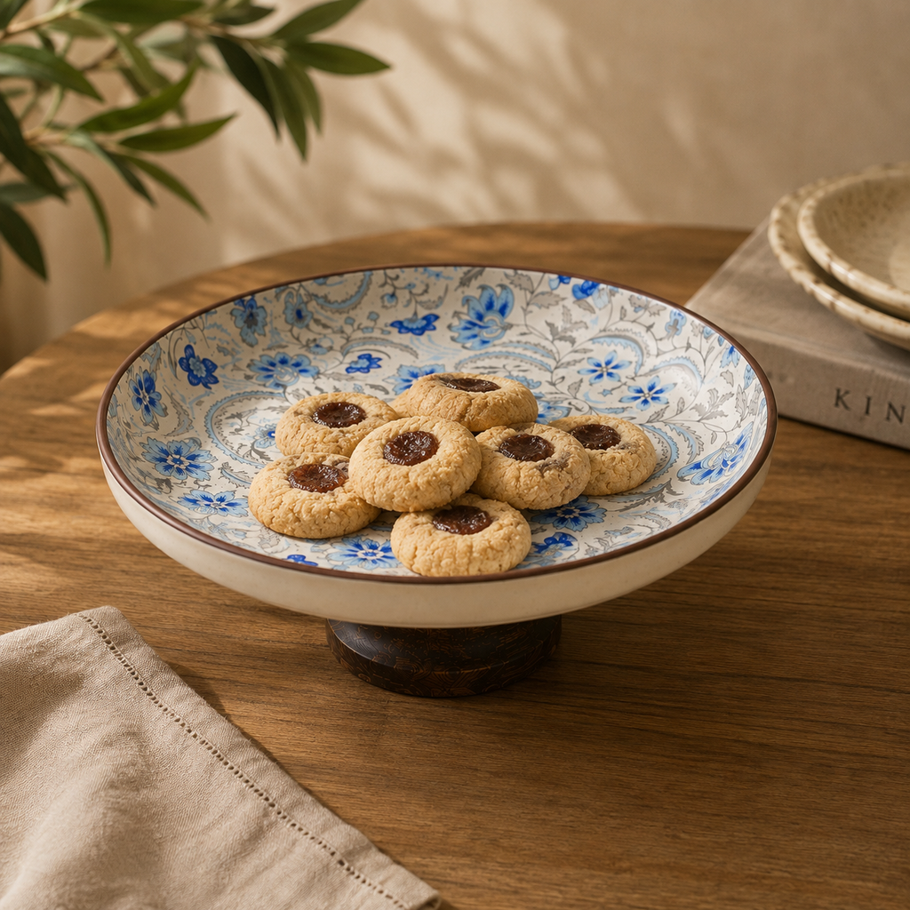 
OZAY Living Sapphire floral ceramic serving platter styled with cookies on a wooden pedestal base