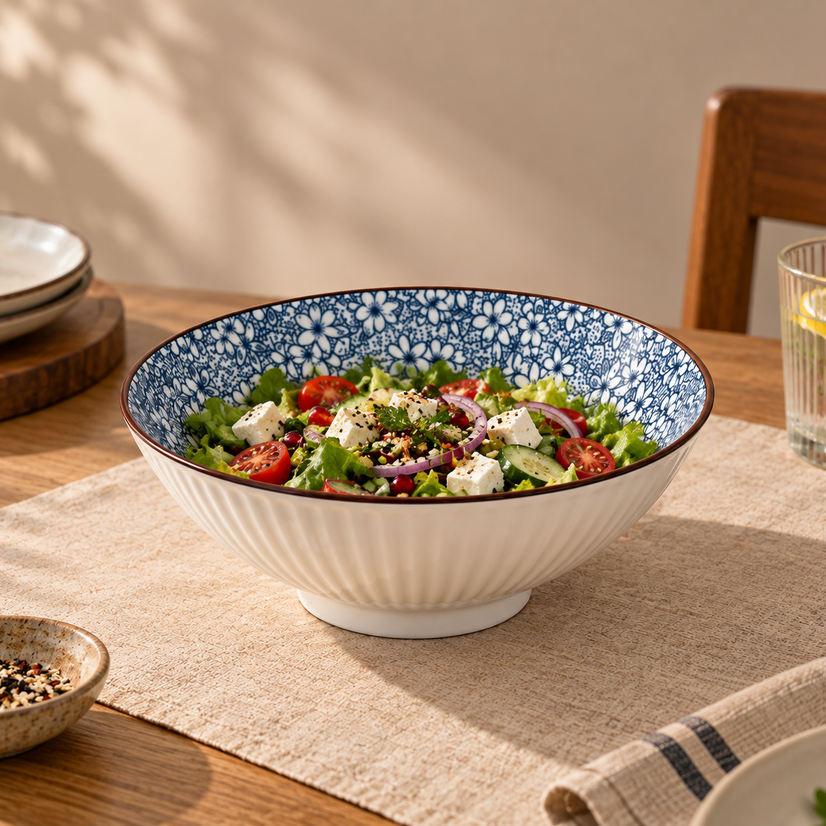 Round ceramic Sakura Serving Bowl featuring a delicate blue cherry blossom-inspired floral pattern.