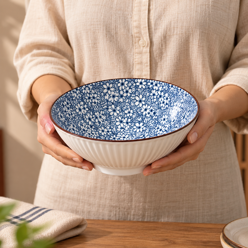 Round ceramic Sakura Serving Bowl featuring a delicate blue cherry blossom-inspired floral pattern.
