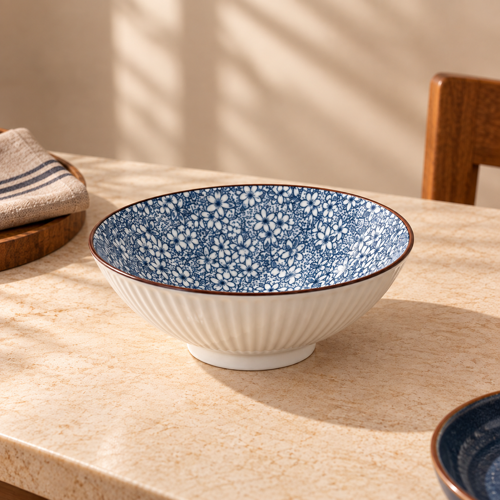 Round ceramic Sakura Serving Bowl featuring a delicate blue cherry blossom-inspired floral pattern.