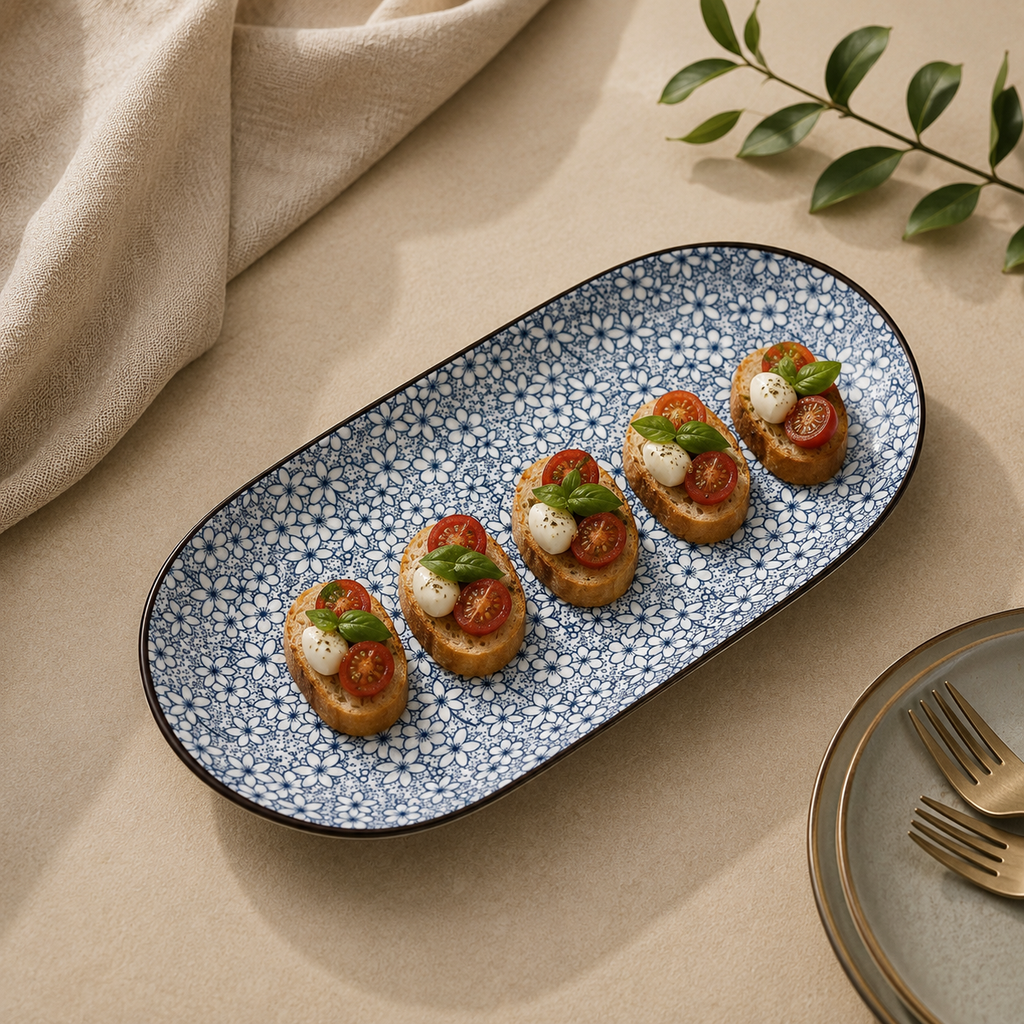 Sakura floral ceramic serving platter styled with assorted snacks by OZAY Living
