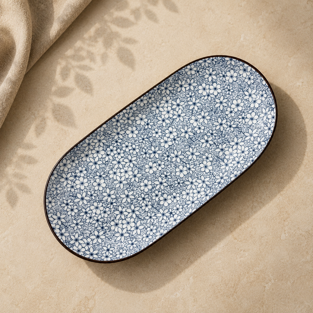 Sakura floral ceramic serving platter by OZAY Living