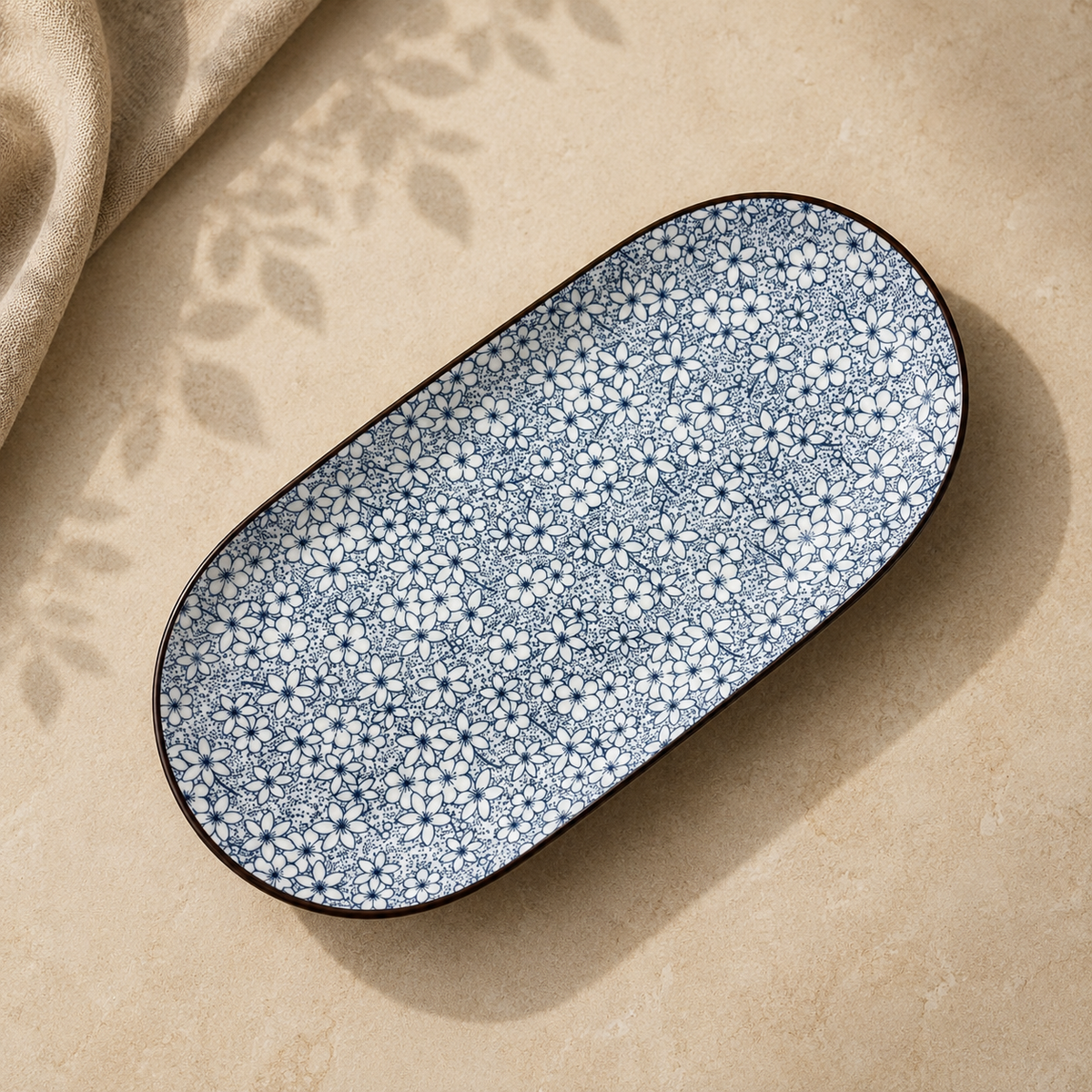 Sakura floral ceramic serving platter by OZAY Living